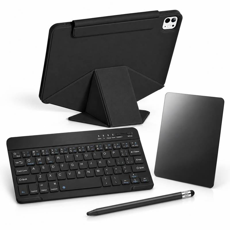 FormaLift Vista Complete — iPad Case + Keyboard, Stylus, Privacy Glass Bundle, Black; all included bundle items on white. Representative iPad fit; tablet not included.