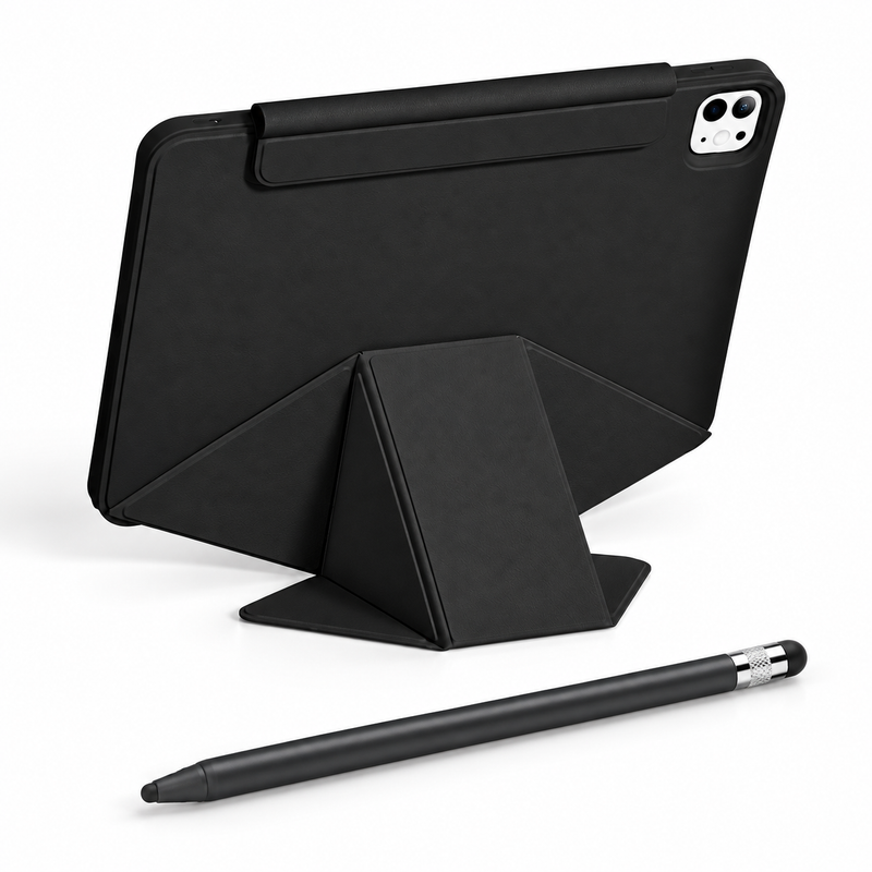 FormaLift Vista Create — iPad Case + Stylus Bundle, Black; all included bundle items on white. Representative iPad fit; tablet not included.