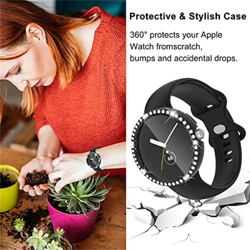 Diamond Case+Glass for Google Pixel Watch Strap PC Bumper Screen Protector Full Bling Cover for Google Pixel Watch Accessories - Pinnacle Luxuries