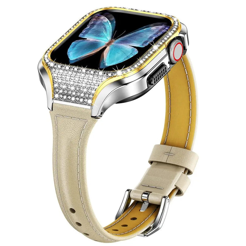 Diamond Luxe Steel Case and Leather Band for Apple Watch - Avontic