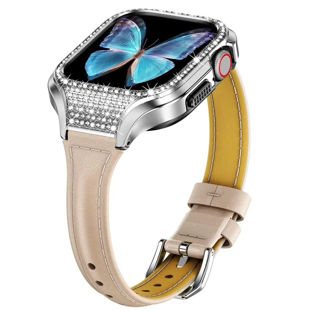Diamond Luxe Steel Case and Leather Band for Apple Watch - Avontic