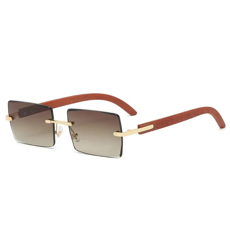 Pinnacle Rectangle Frame Rimless Wood Printed Gradient Sunglasses - Pinnacle Luxuries