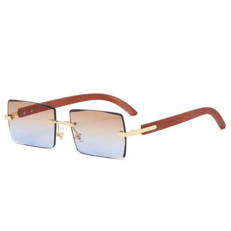 Pinnacle Rectangle Frame Rimless Wood Printed Gradient Sunglasses - Pinnacle Luxuries