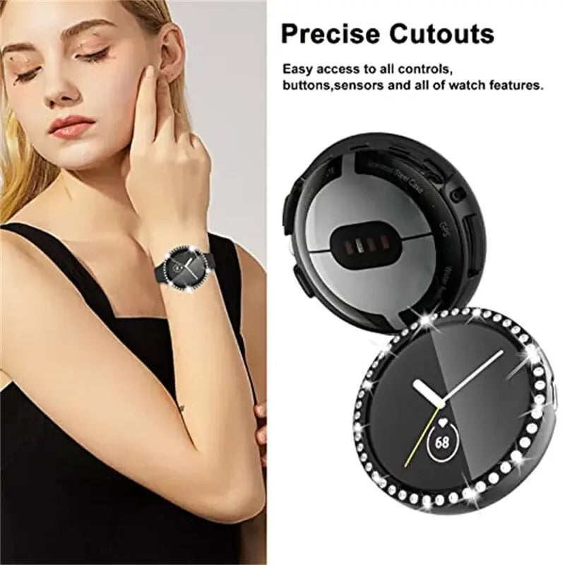 Diamond Case+Glass for Google Pixel Watch Strap PC Bumper Screen Protector Full Bling Cover for Google Pixel Watch Accessories - Pinnacle Luxuries