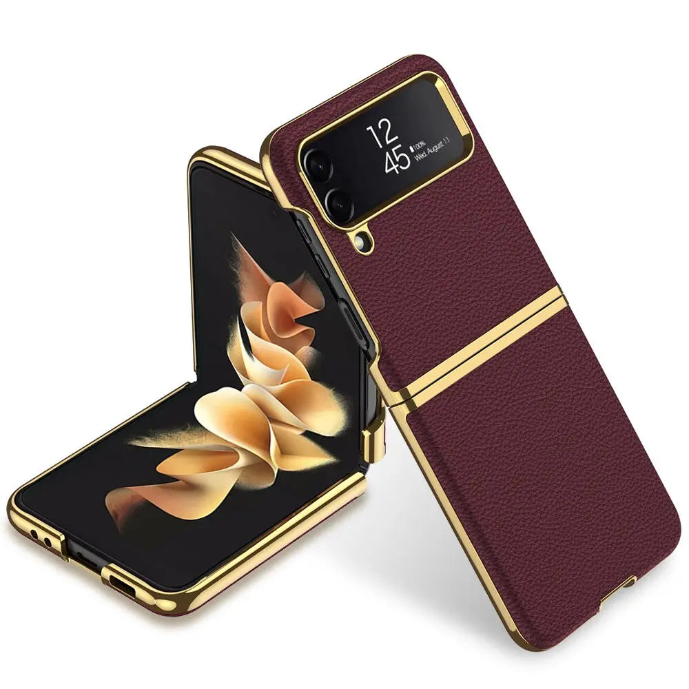 Vintage Leather Gold Trim Case For Samsung Galaxy Z Flip 4 - Pinnacle Luxuries