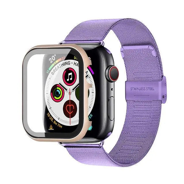 Apple Watch Stainless Steel Mesh Band With Stainless Steel Tempered Glass Screen Protection - Avontic