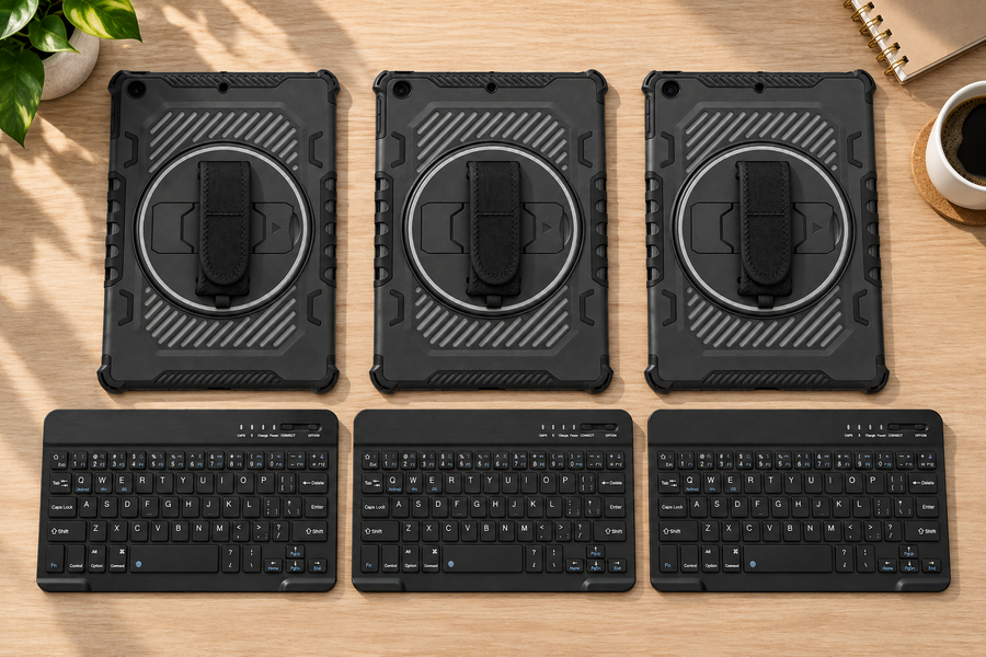 Three Galaxy PivotGrip cases and keyboards in a team workspace