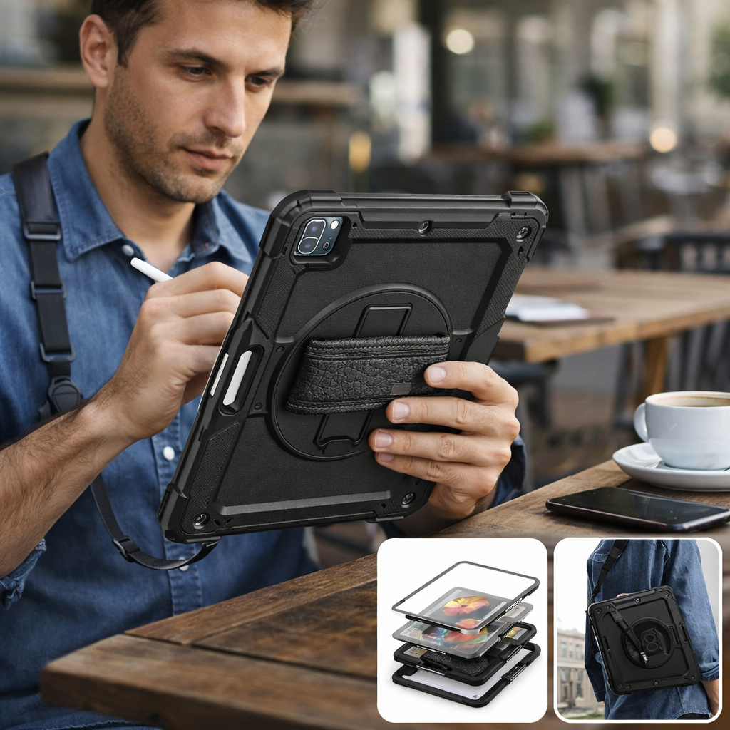 RhinoGuard Shockproof iPad Case with Stand, Hand Strap & Shoulder Strap – Military-Grade Protective Cover for iPad Pro, iPad Air & iPad (All Sizes)