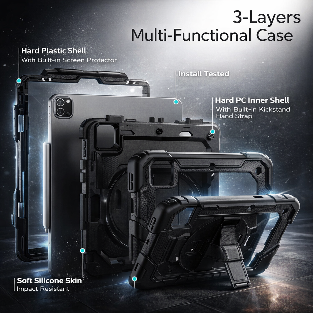 RhinoGuard Shockproof iPad Case with Stand, Hand Strap & Shoulder Strap – Military-Grade Protective Cover for iPad Pro, iPad Air & iPad (All Sizes)