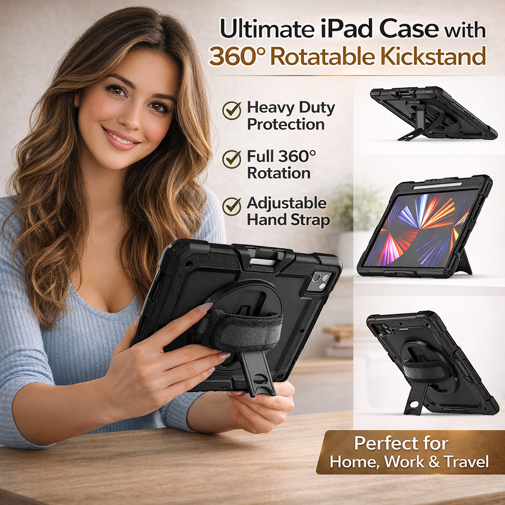 RhinoGuard Shockproof iPad Case with Stand, Hand Strap & Shoulder Strap – Military-Grade Protective Cover for iPad Pro, iPad Air & iPad (All Sizes)