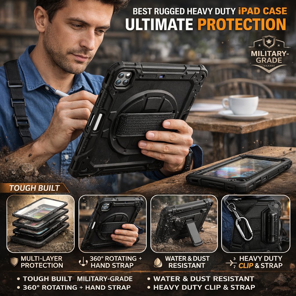 RhinoGuard Shockproof iPad Case with Stand, Hand Strap & Shoulder Strap – Military-Grade Protective Cover for iPad Pro, iPad Air & iPad (All Sizes)