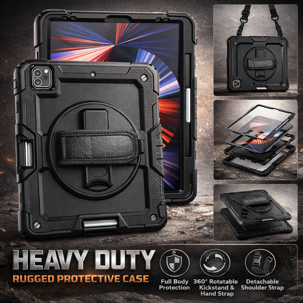 RhinoGuard Shockproof iPad Case with Stand, Hand Strap & Shoulder Strap – Military-Grade Protective Cover for iPad Pro, iPad Air & iPad (All Sizes)