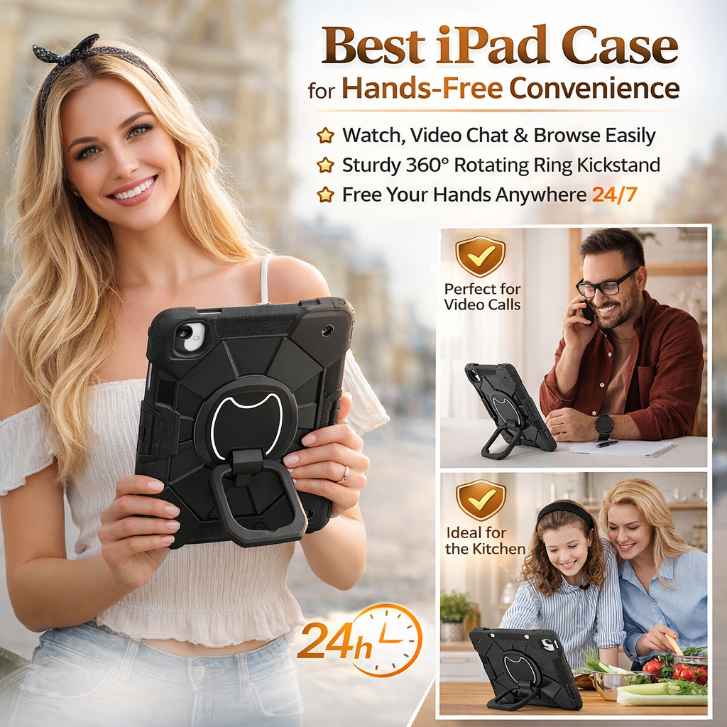 Shockproof Armor Stand Case with Kickstand & Hand Strap for iPad Mini, iPad Air & iPad Pro