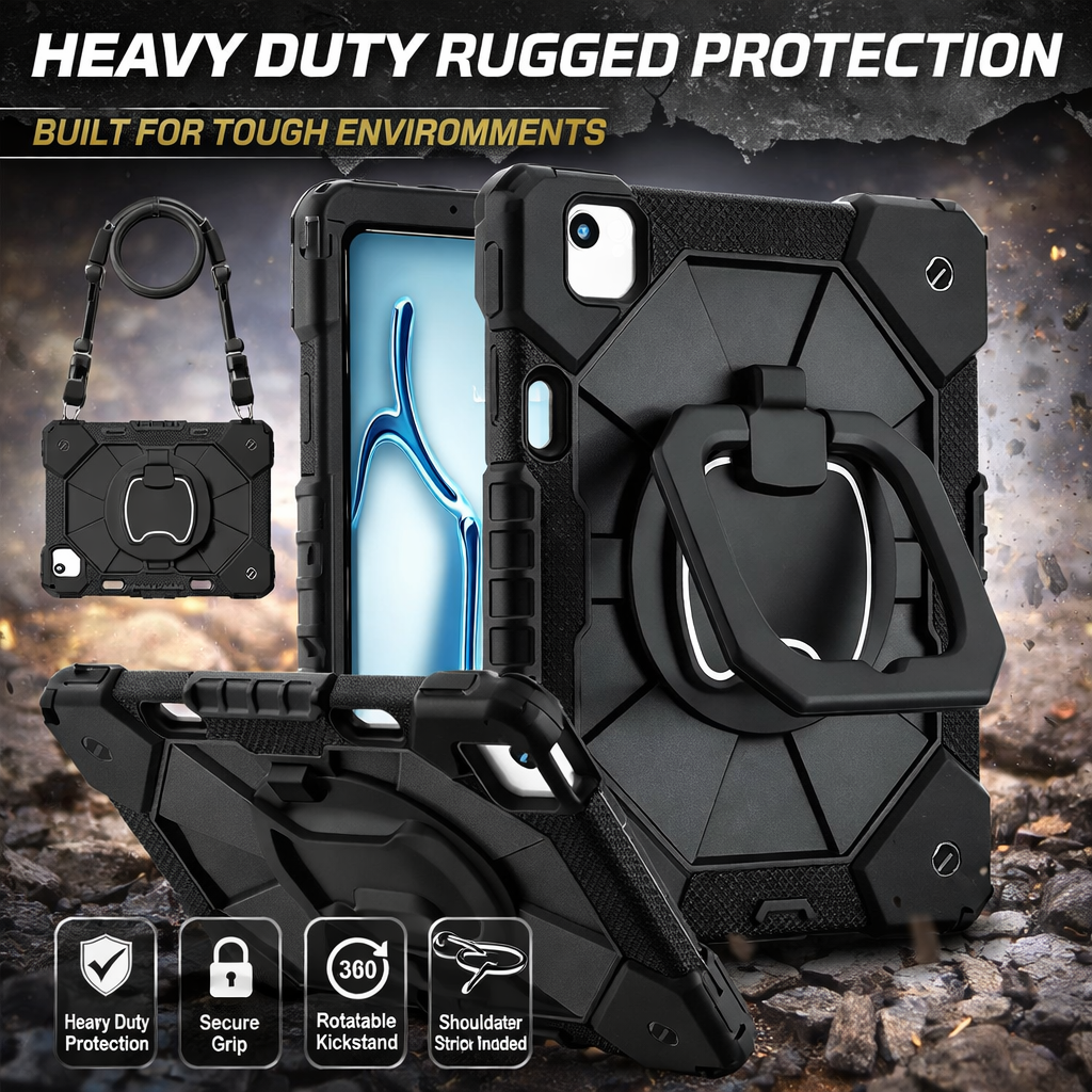 Shockproof Armor Stand Case with Kickstand & Hand Strap for iPad Mini, iPad Air & iPad Pro