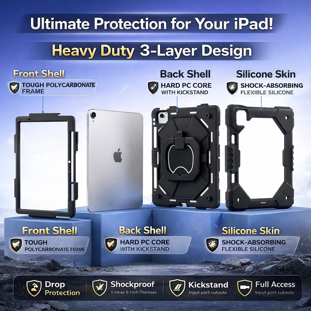 Shockproof Armor Stand Case with Kickstand & Hand Strap for iPad Mini, iPad Air & iPad Pro