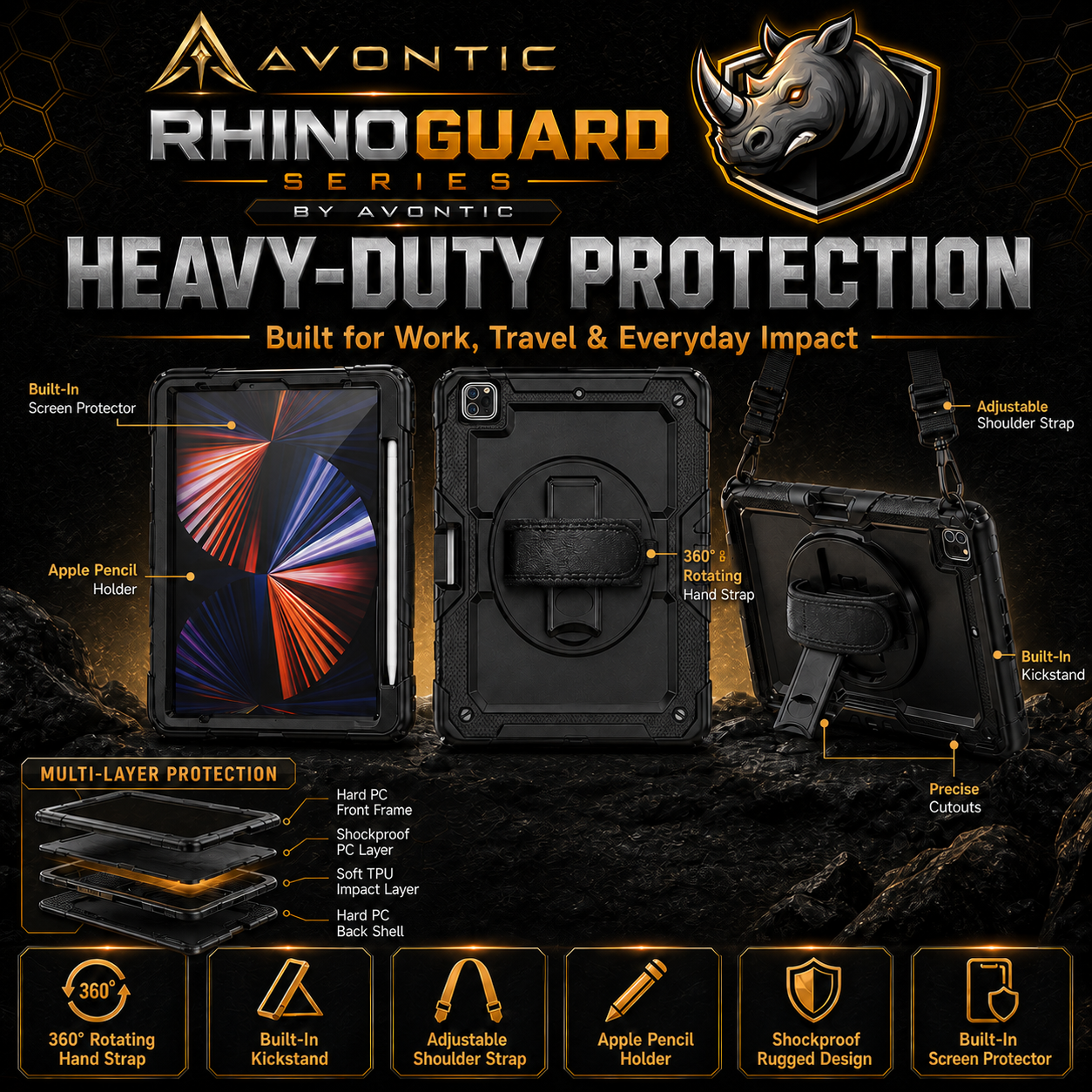 RhinoGuard Pro Rugged iPad Case with Hand Strap, Shoulder Strap & Kickstand