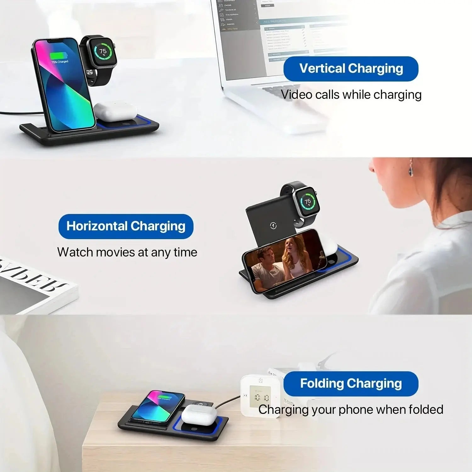 30W LED Fast Wireless Charger 3 in 1 Foldable Charging Station For iPhone 16 15 14 13 12 11 Apple Watch 9 8 7 6 5 Airpods Pro/3 Avontic