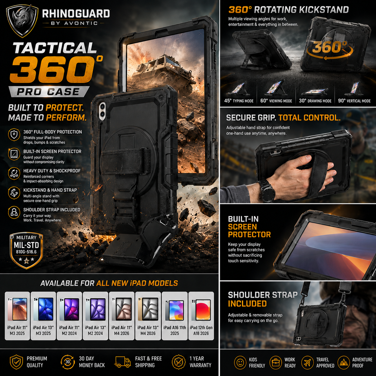 RhinoGuard Tactical 360 Pro Case for iPad Air, iPad A16, and iPad 12th Gen 2026