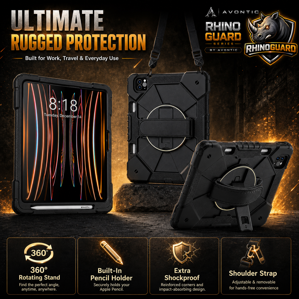 RhinoGuard Apex 360 Command Rugged iPad Case with Kickstand & Hand Strap