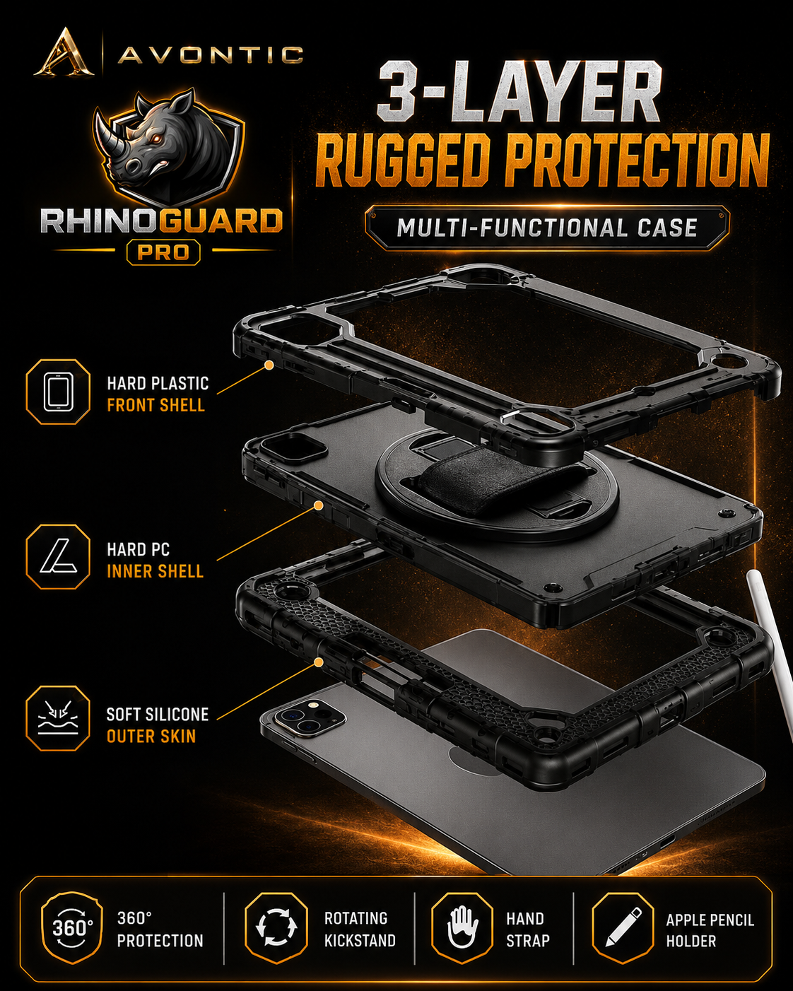 RhinoGuard Pro Rugged iPad Case with Hand Strap, Shoulder Strap & Kickstand