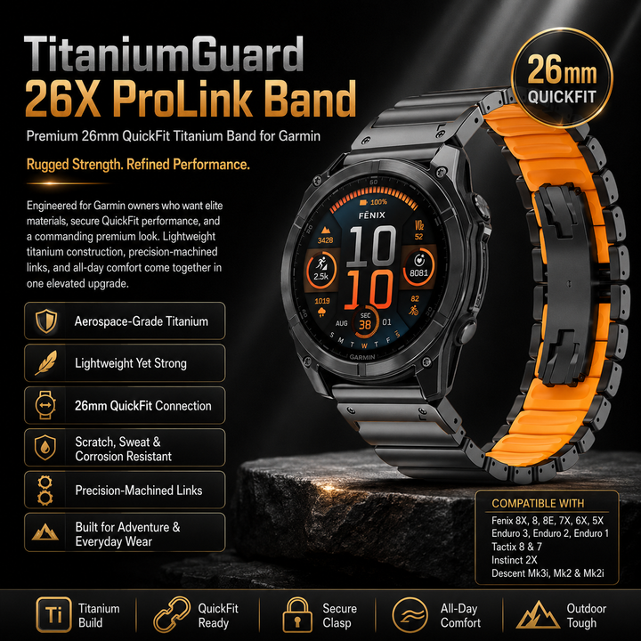 TitaniumGuard 26X ProLink Band for Garmin Fenix 8, 8X, 7X, Enduro 3, Mk3i & Instinct 2X