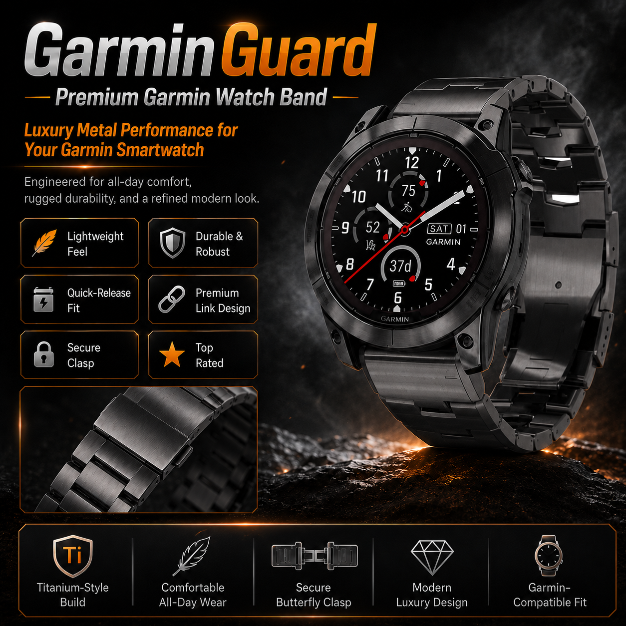 GarminGuard Titanium Elite Band – Precision Crafted for Garmin 22mm 26mm