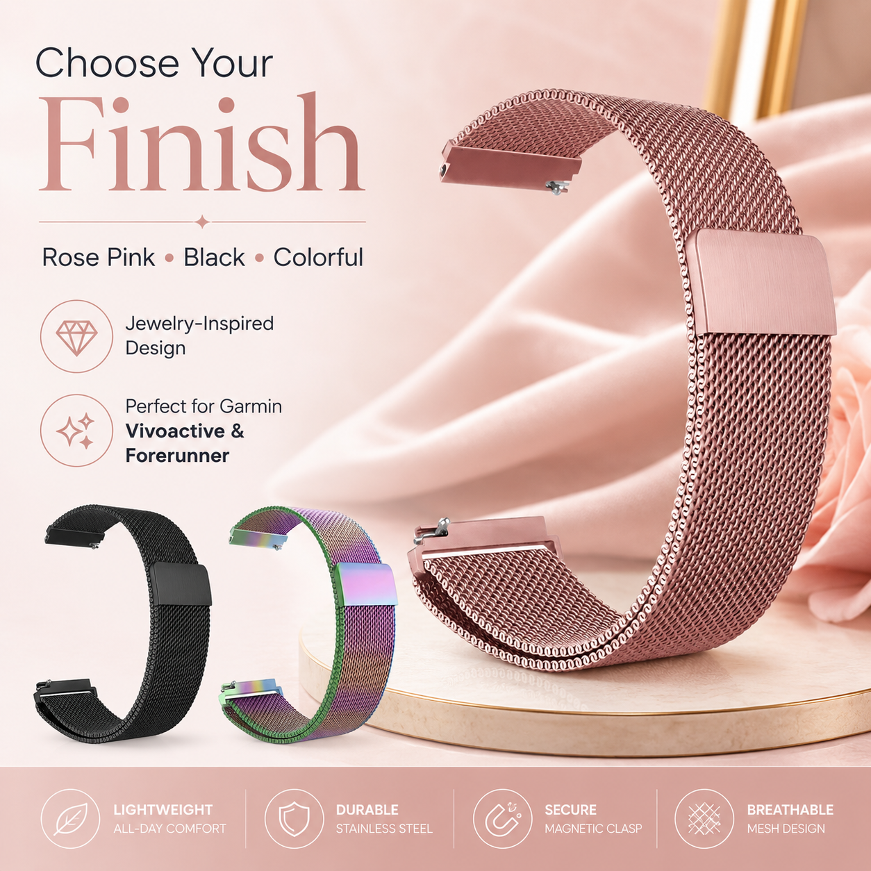 LuxeMesh Milanese Loop Watch Band For Garmin Vivoactive & Forerunner