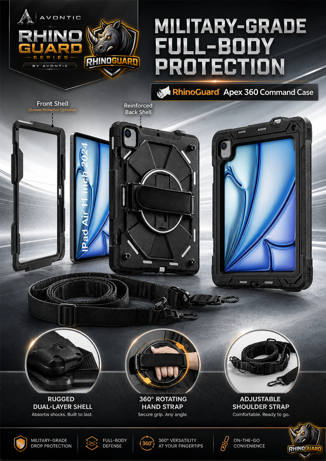 RhinoGuard Apex 360 Command Rugged iPad Case with Kickstand & Hand Strap