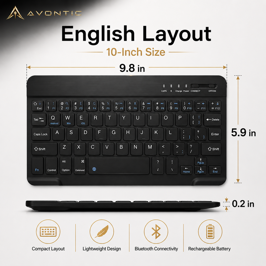 Avontic RhinoKeys Pro Slim Wireless Keyboard for iPad & Tablets