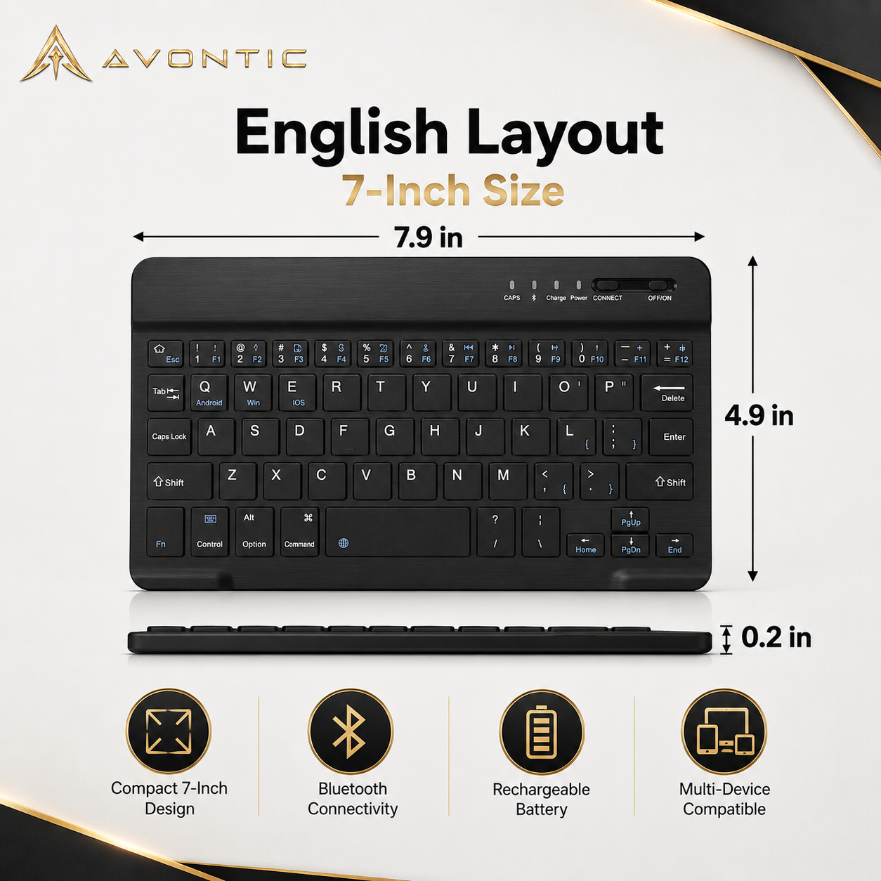 Avontic RhinoKeys Pro Slim Wireless Keyboard for iPad & Tablets