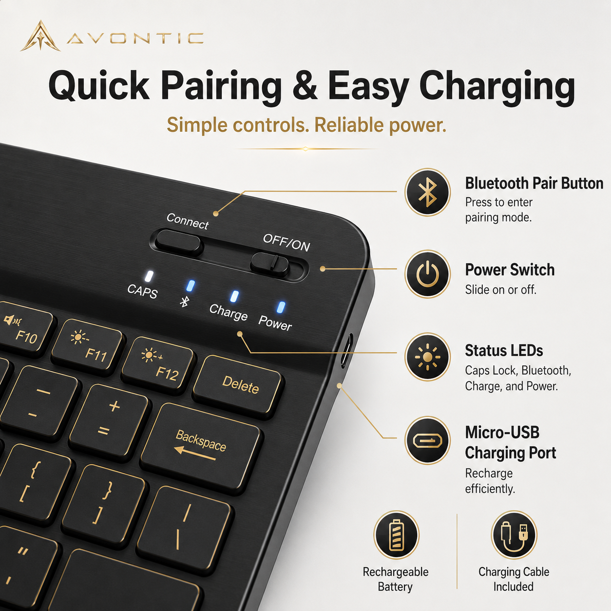 Avontic RhinoKeys Pro Slim Wireless Keyboard for iPad & Tablets
