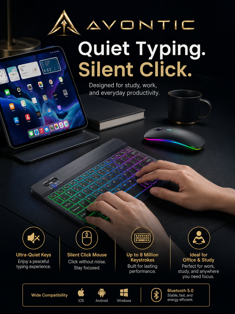 Avontic RhinoKeys Pro Slim Wireless Keyboard for iPad & Tablets