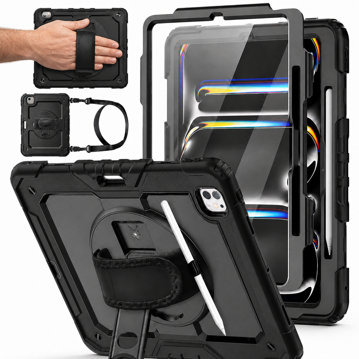 RhinoGuard Pro Rugged iPad Case with Hand Strap, Shoulder Strap & Kickstand