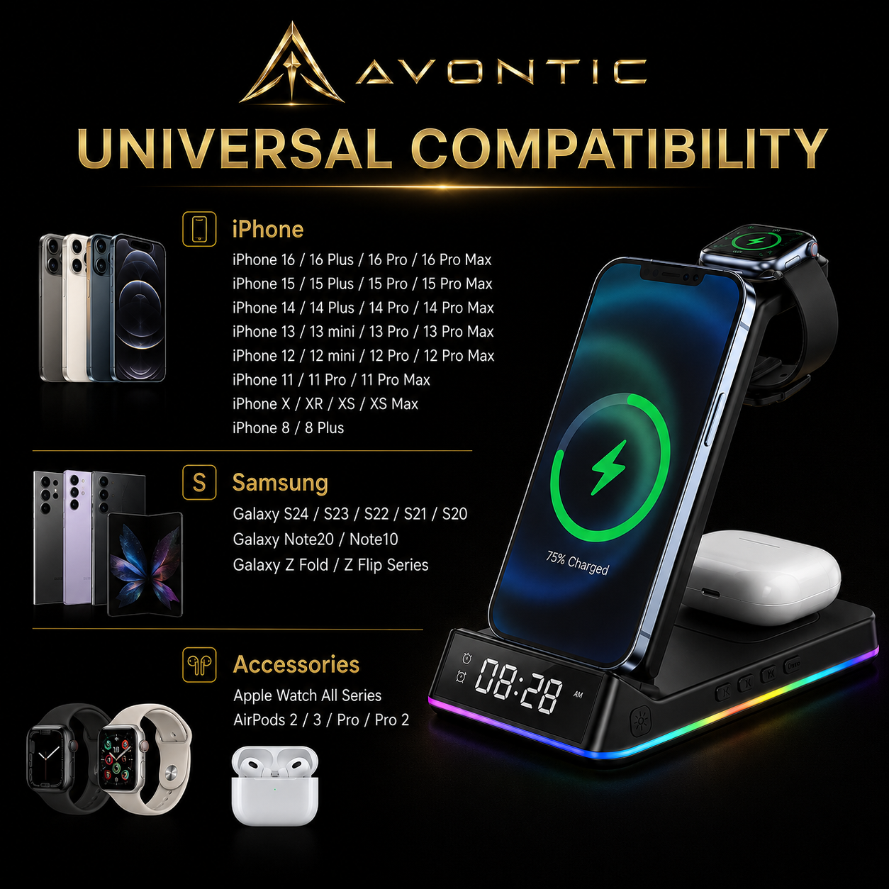 Avontic 5-in-1 Wireless Charging Station with Alarm Clock — product view 3