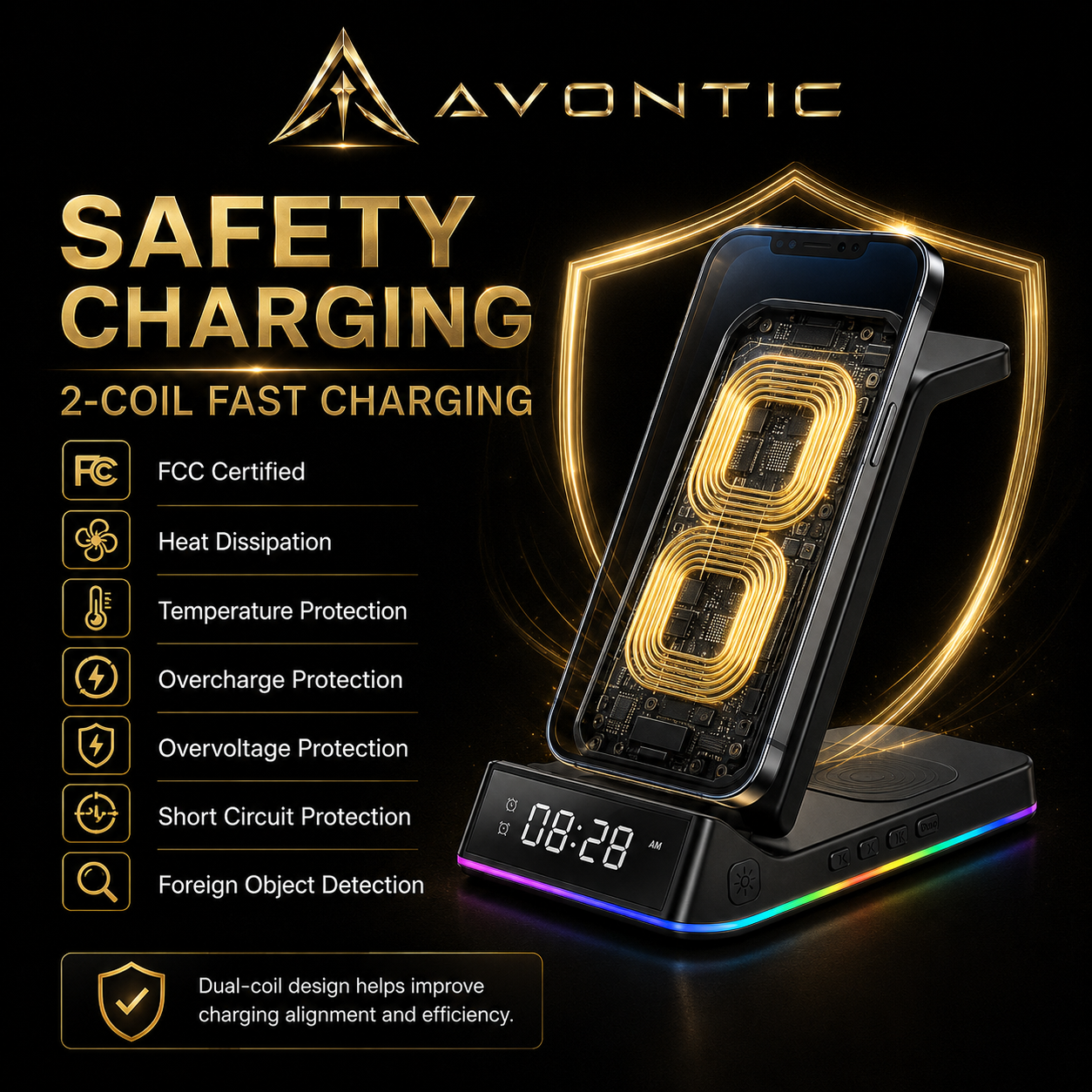 Avontic 5-in-1 Wireless Charging Station with Alarm Clock — product view 4