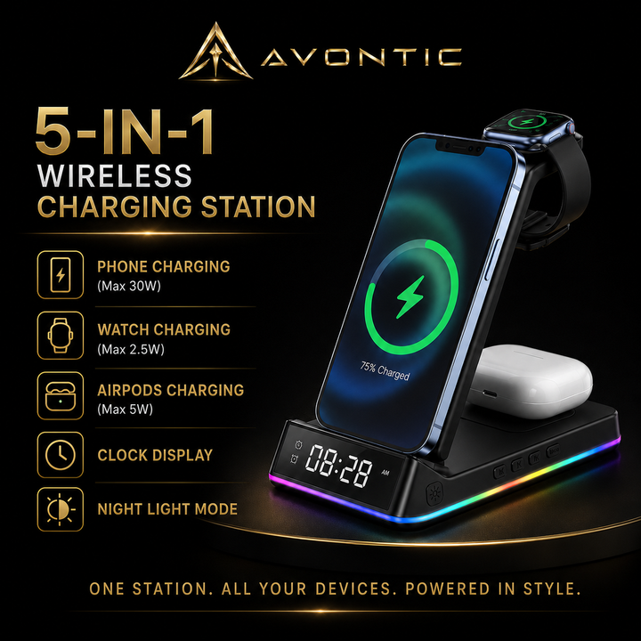 Avontic 5-in-1 Wireless Charging Station with Alarm Clock