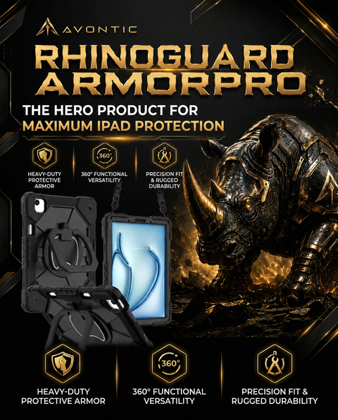 RhinoGuard ArmorPro Rugged iPad Case with Kickstand, Hand Strap & Shoulder Strap