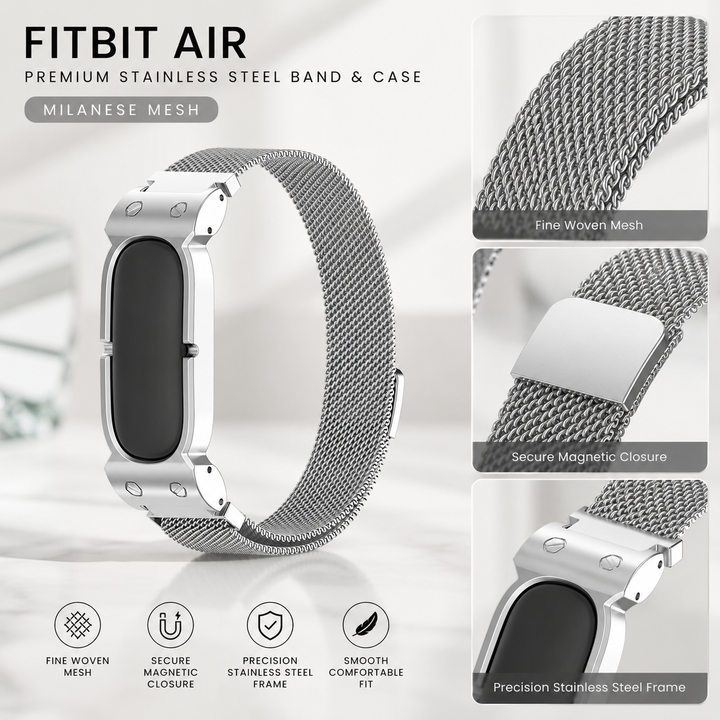 Avontic AirForge Elite Stainless Steel Band Case Combo for Fitbit Air Metal Link Band Protective Cover