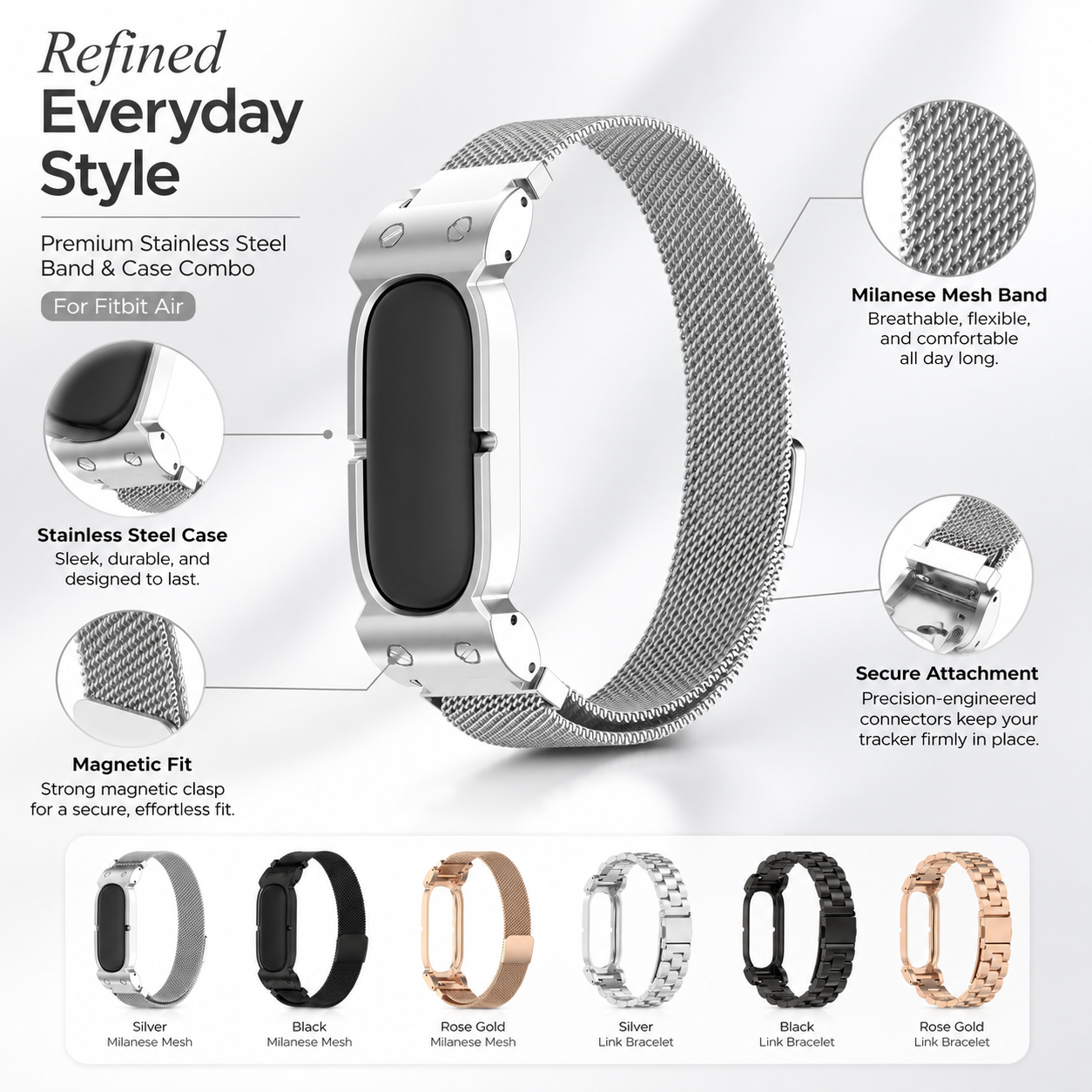 Avontic AirForge Elite Stainless Steel Band Case Combo for Fitbit Air Metal Link Band Protective Cover