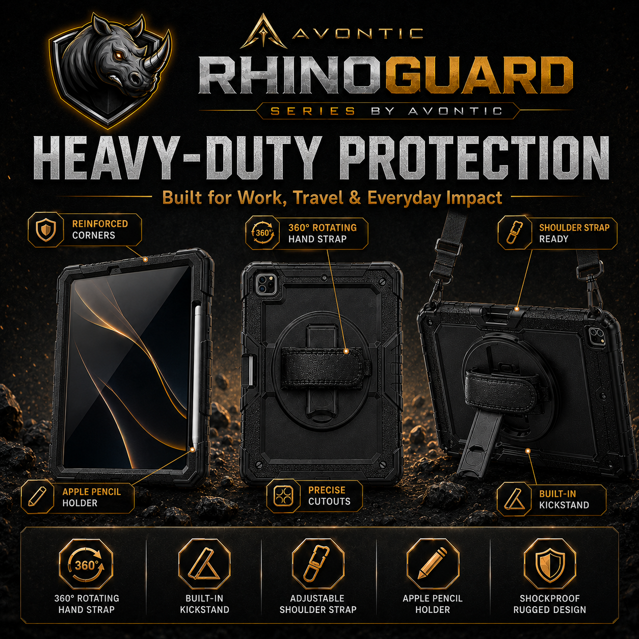RhinoGuard Pro Rugged iPad Case with Hand Strap, Shoulder Strap & Kickstand