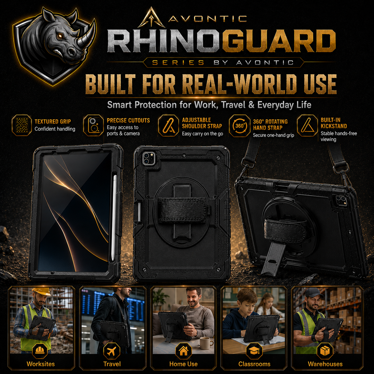 RhinoGuard Pro Rugged iPad Case with Hand Strap, Shoulder Strap & Kickstand