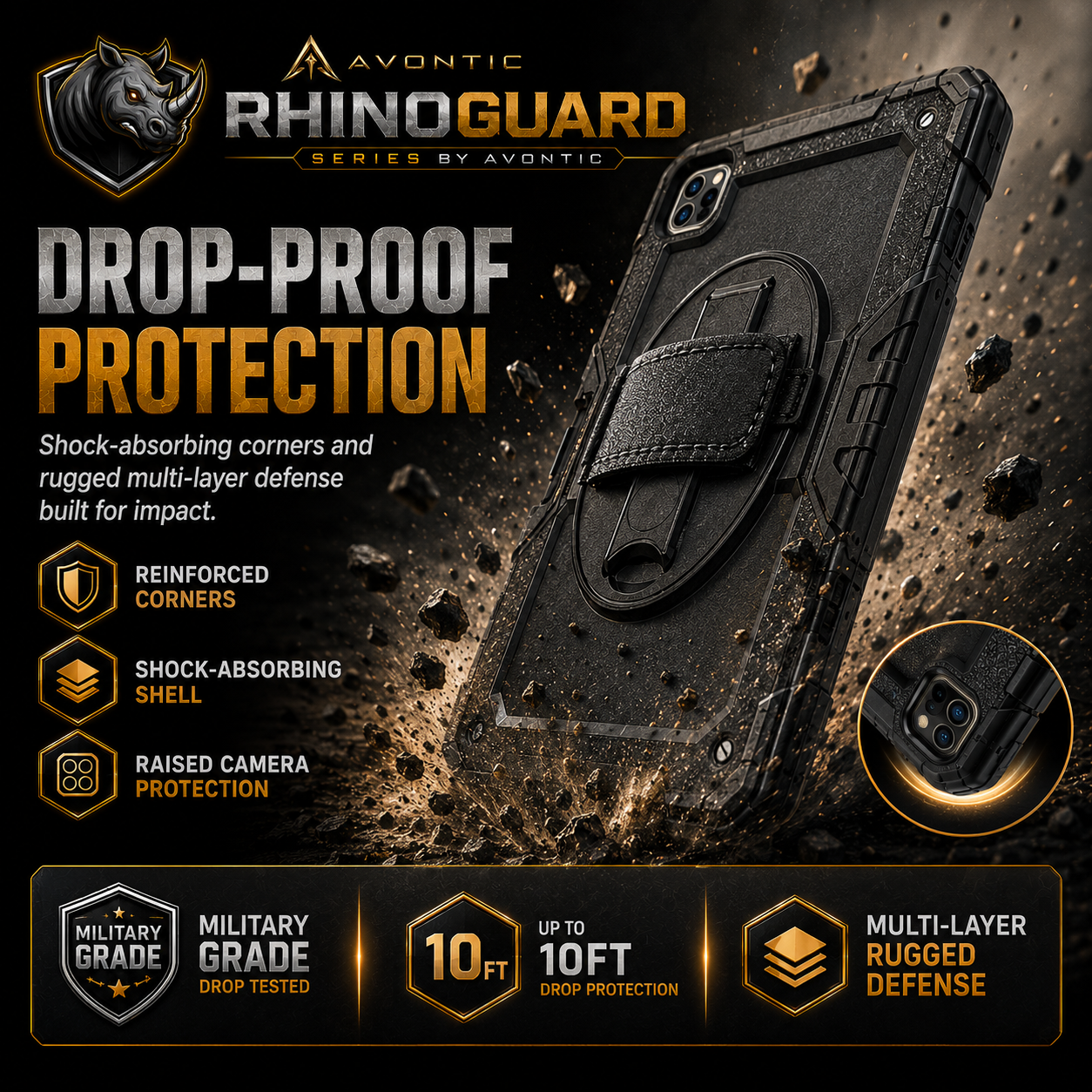 RhinoGuard Pro Rugged iPad Case with Hand Strap, Shoulder Strap & Kickstand