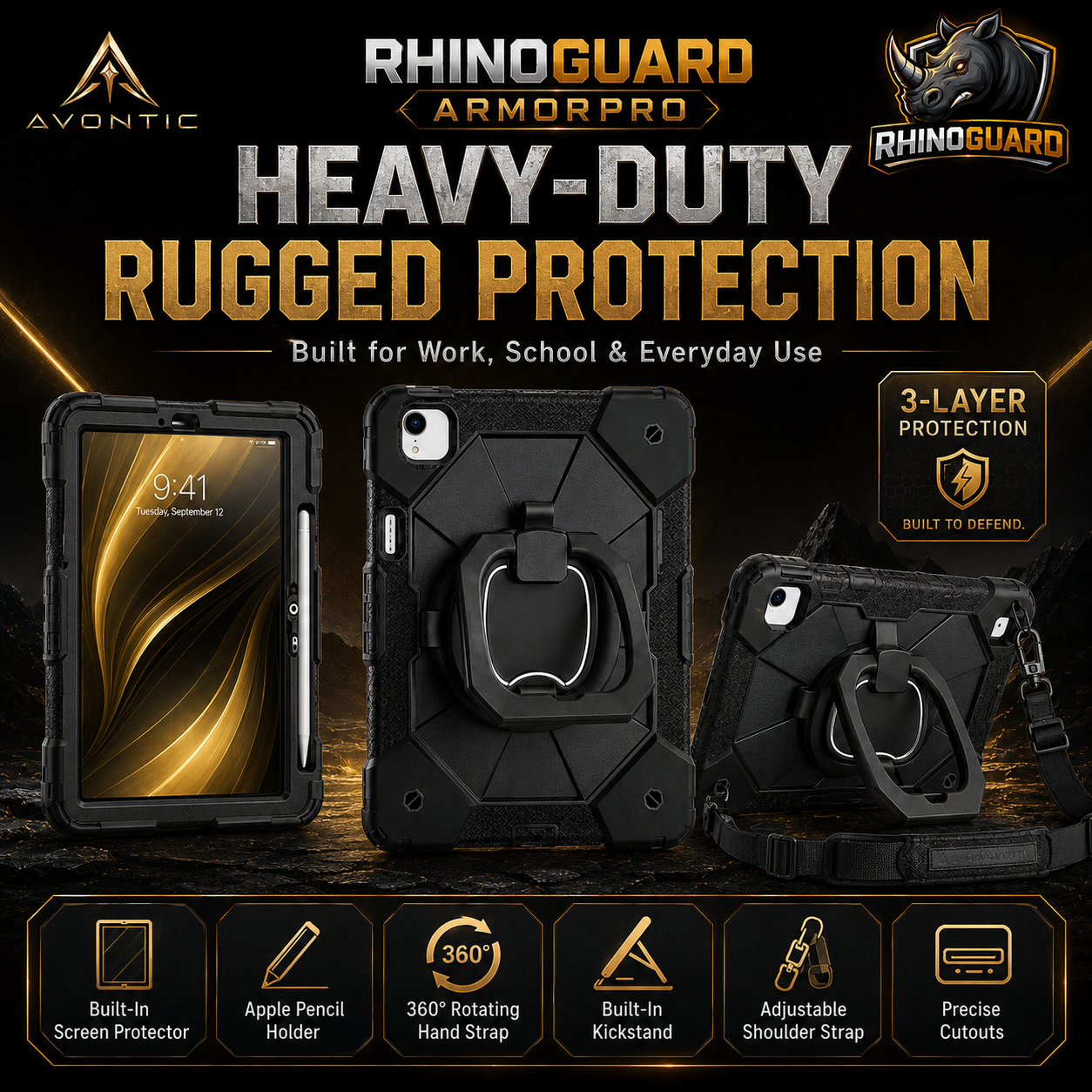 RhinoGuard ArmorPro Rugged iPad Case with Kickstand, Hand Strap & Shoulder Strap — product view 4