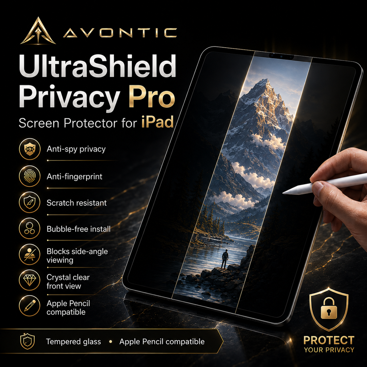 UltraShield Privacy Pro Tempered Glass Screen Protector for iPad