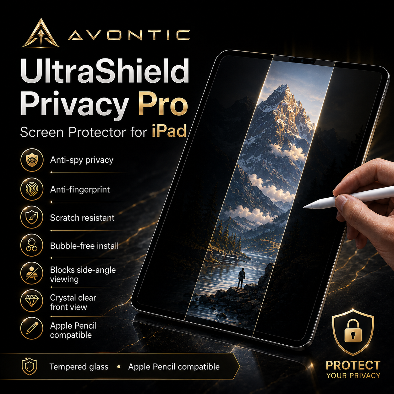 UltraShield Privacy Pro Tempered Glass Screen Protector for iPad — product view 1