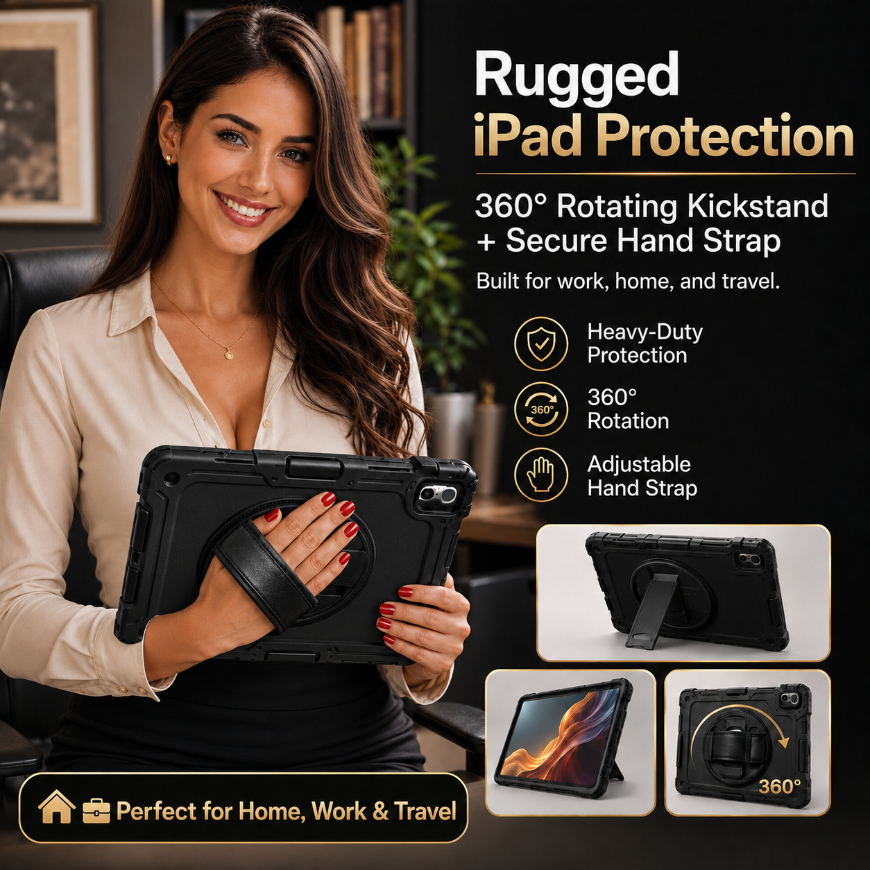 RhinoGuard Pro Rugged iPad Case with Hand Strap, Shoulder Strap & Kickstand