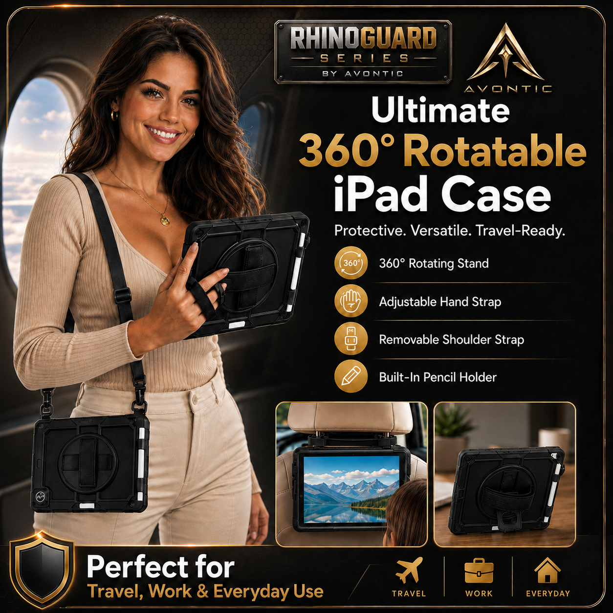 RhinoGuard Pro Rugged iPad Case with Hand Strap, Shoulder Strap & Kickstand
