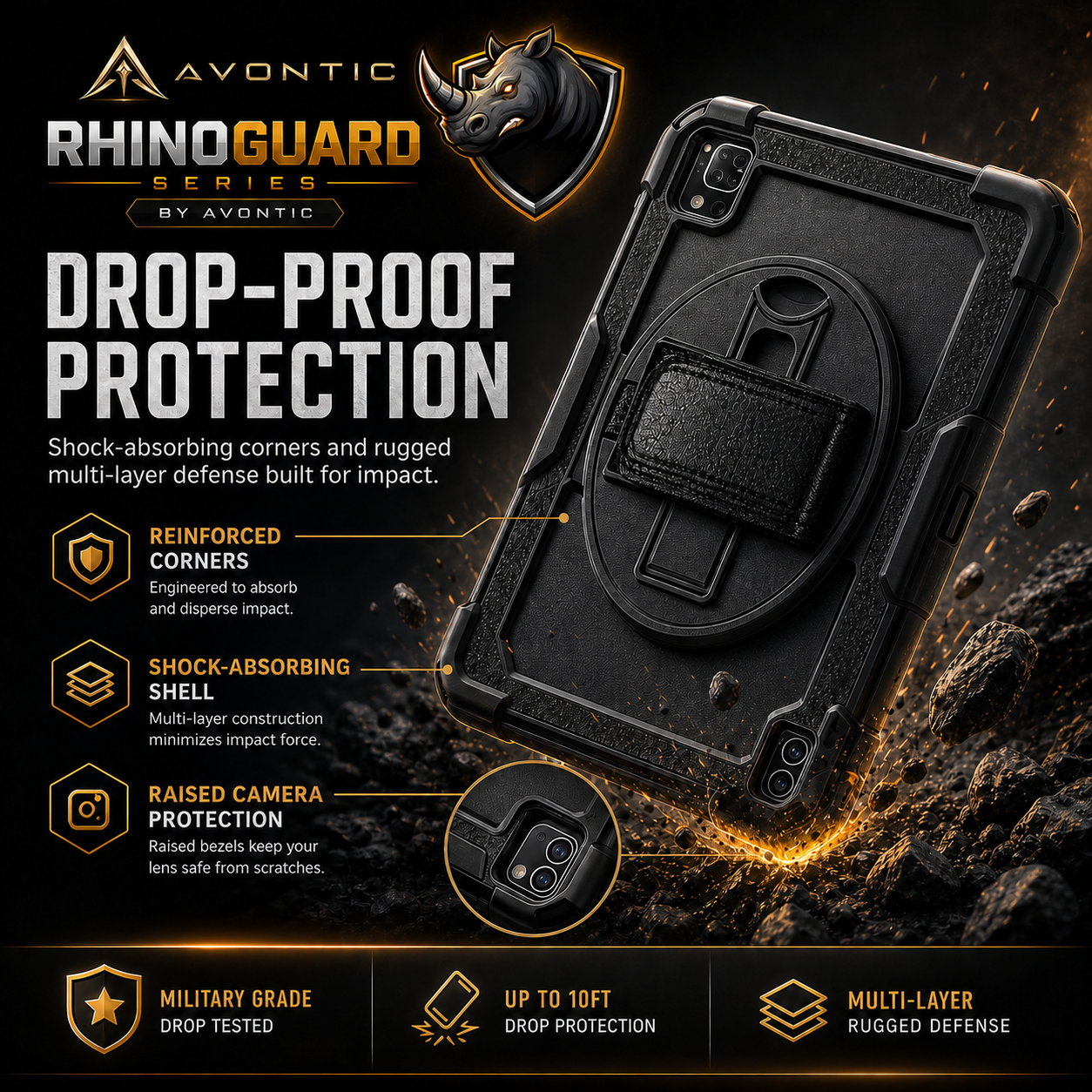 RhinoGuard Pro Rugged iPad Case with Hand Strap, Shoulder Strap & Kickstand