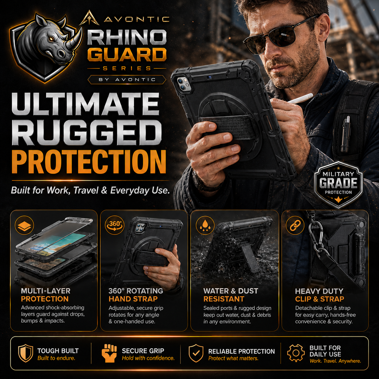 RhinoGuard Pro Rugged iPad Case with Hand Strap, Shoulder Strap & Kickstand