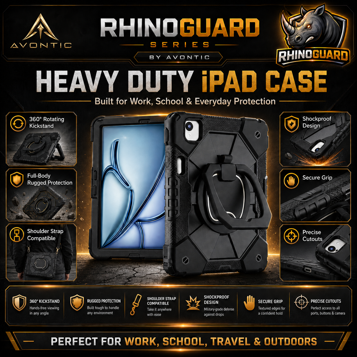 RhinoGuard ArmorPro Rugged iPad Case with Kickstand & Hand Strap